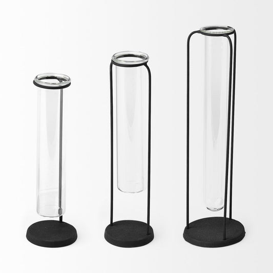 Set of Three Black Abstract Cylinder Metal Table Vase