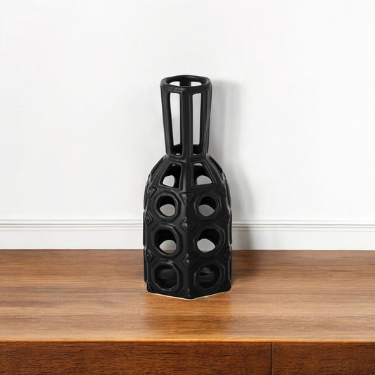 9" Black Abstract Cylinder Metal Table Vase