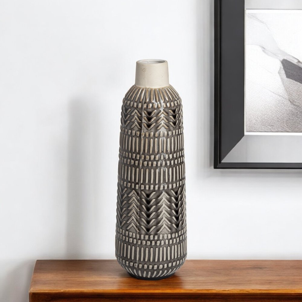 14" Gray Abstract Cylinder Ceramic Table Vase