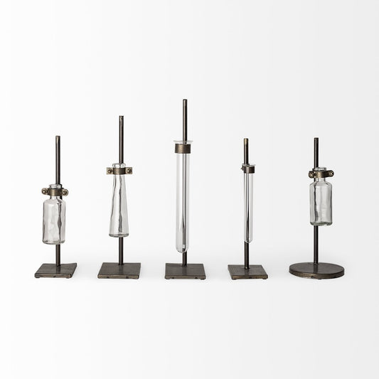 Set of Two Dark Brown Abstract Metal Cylinder Table Vases