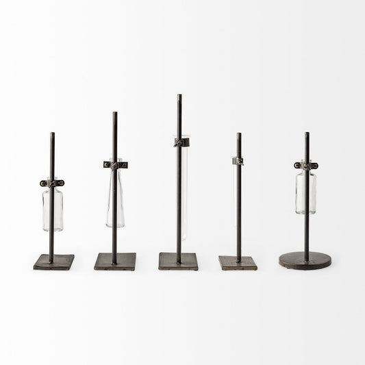 Set of Two Dark Brown Abstract Metal Cylinder Table Vases