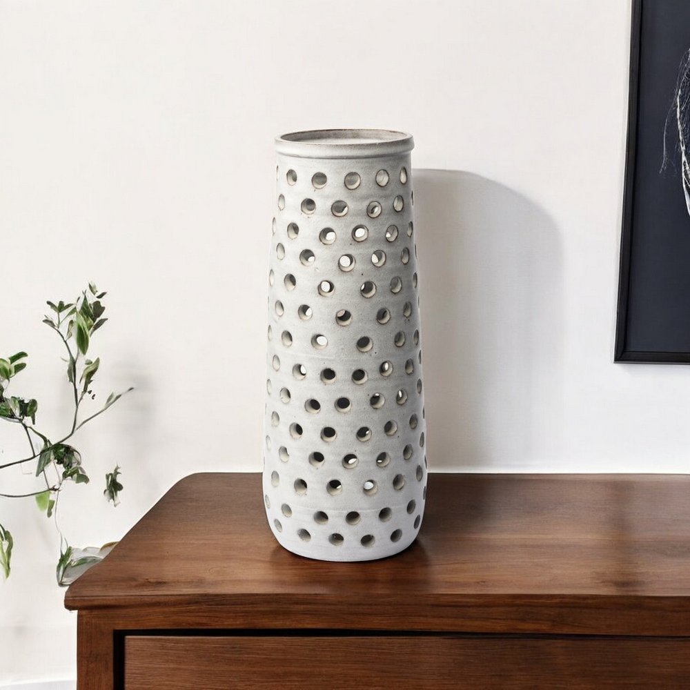 19" White Polka Dots Ceramic Cylinder Table Vase