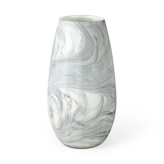 12" Gray And White Abstract Cylinder Crystal Glass Table Vase