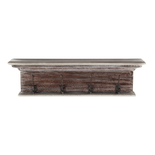 28" Brown Solid Wood Four Hook Wall Mount Coat Rack