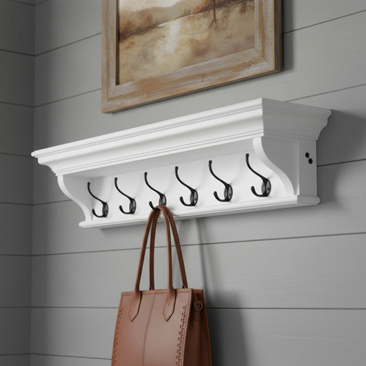 Classic White Wood Wide Six Hook Coat Rack