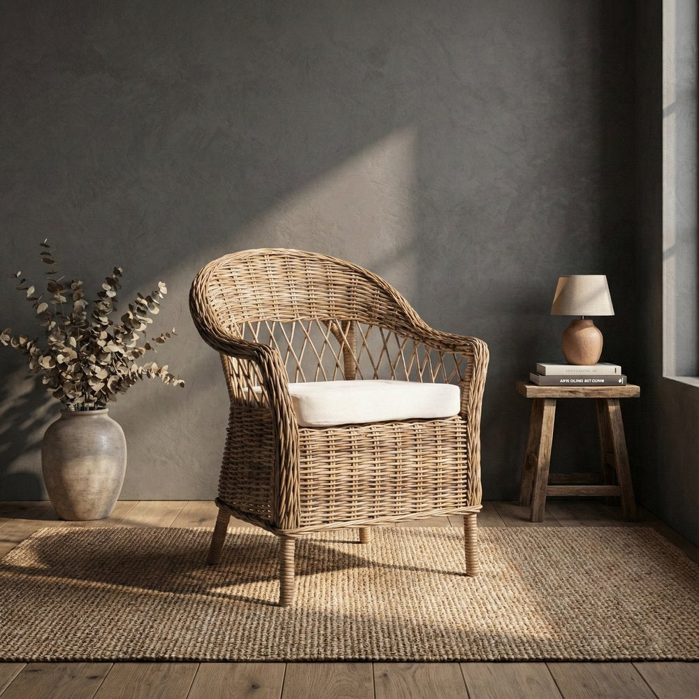 Set of Two Gray Brown Semi Circle Back Wicker Chairs with Seat Cushions