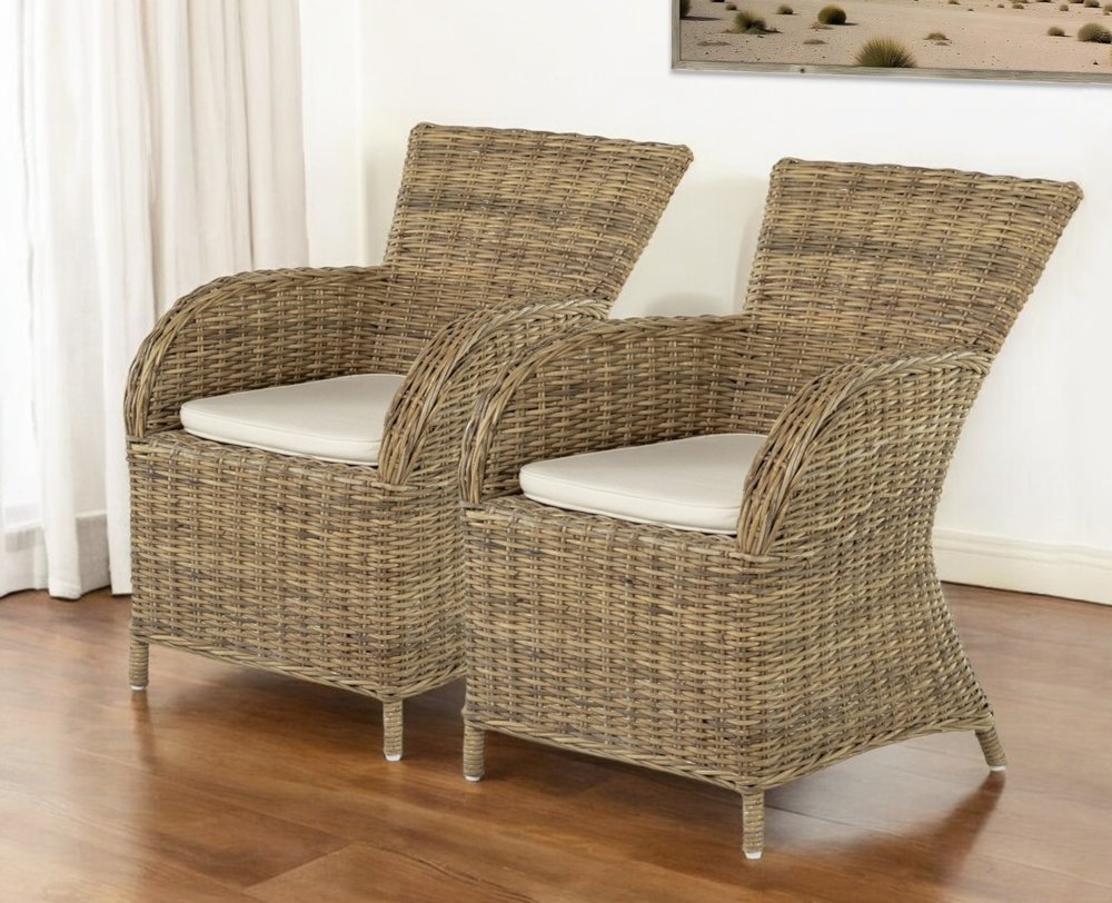 Set of Two Tan Textured Outdoor Dining Chairs with Beige Cushions