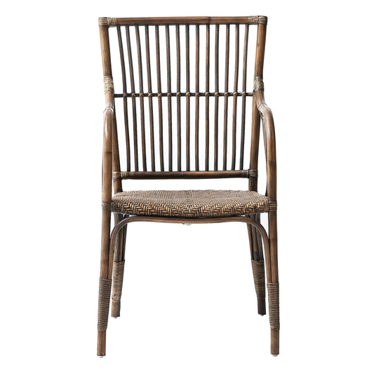 Set of Two Natural Rattan Slat Back Dining Arm Chairs