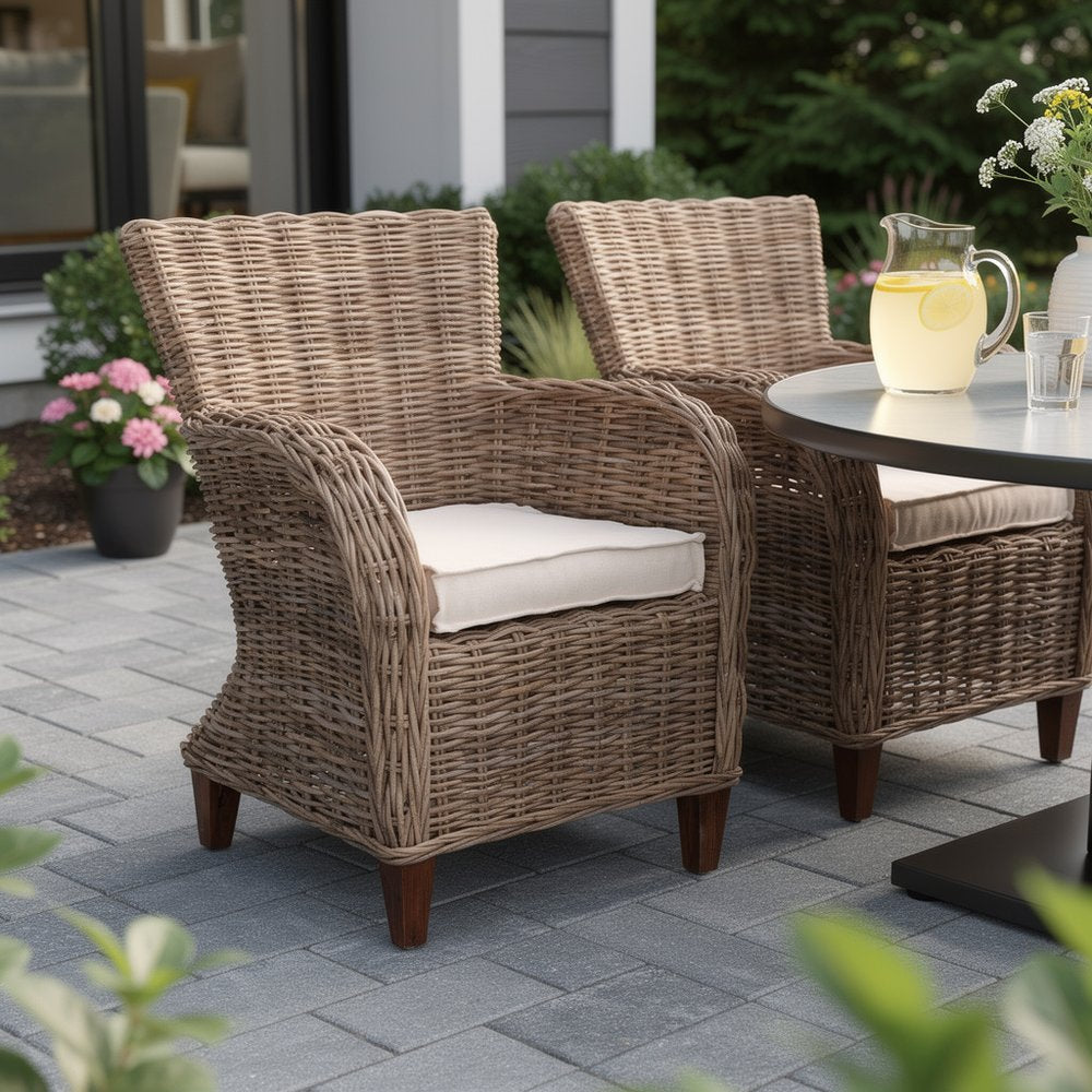 Set of Two Cream And Natural Woven Rattan Outdoor Dining Chairs with Cream Cushion