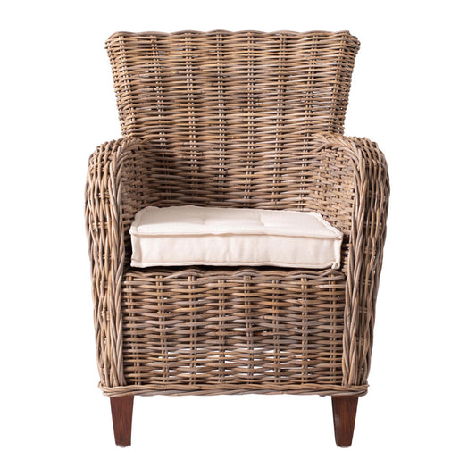 Set of Two Cream And Natural Woven Rattan Outdoor Dining Chairs with Cream Cushion