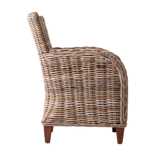 Set of Two Cream And Natural Woven Rattan Outdoor Dining Chairs with Cream Cushion