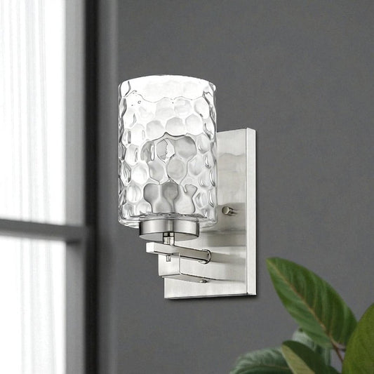 Silver Metal and Pebbled Glass Wall Sconce