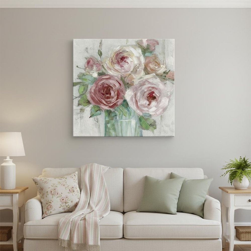 20" x 20" Watercolor Soft Pastel Peonies Bouquet Canvas Wall Art