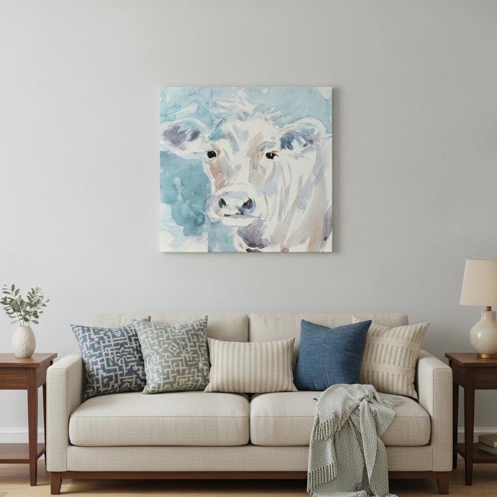 20" x 20" Blue Pastel Watercolor Cow Unframed Canvas Wall Art