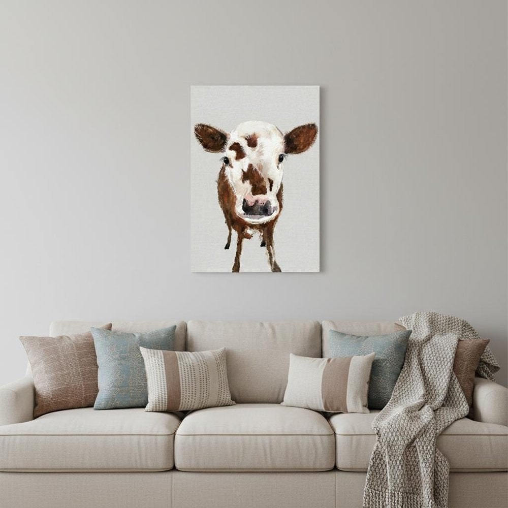 24" x 16" Brown and White Baby Cow Face Canvas Wall Art