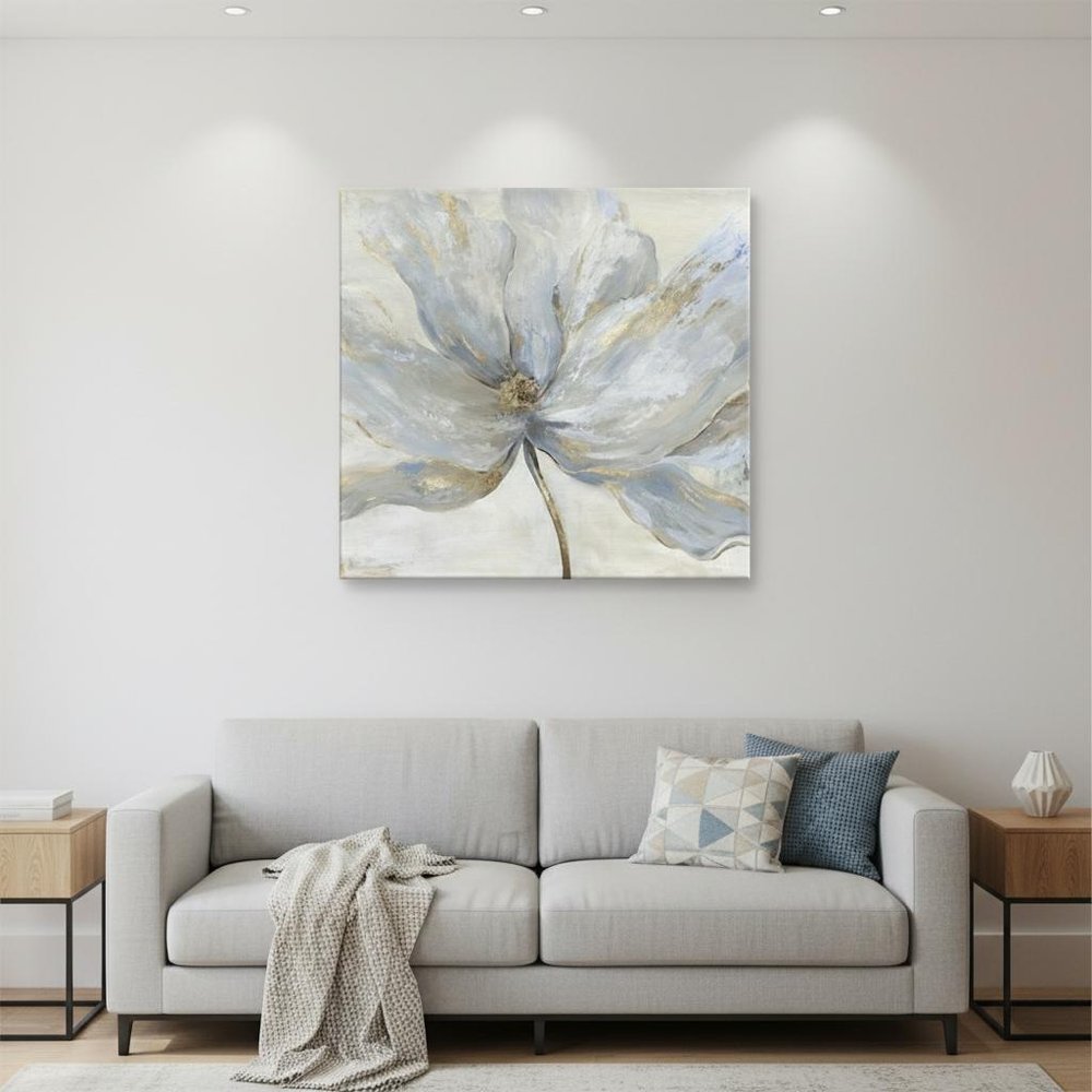 Soft Blue And Grey Flower With Gold Details Unframed Print Wall Art