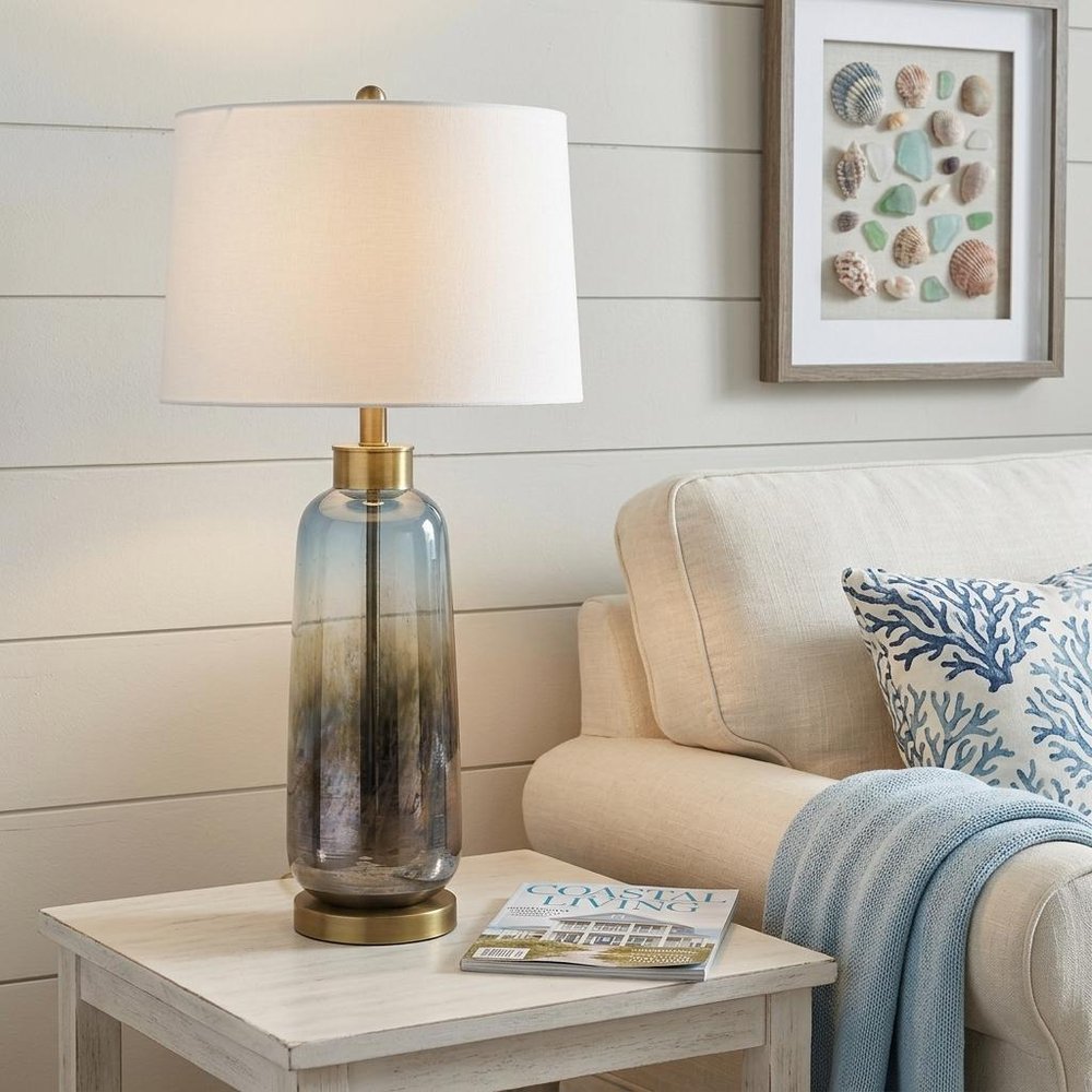31" Steel Blue Glass Table Lamp With White Empire Shade