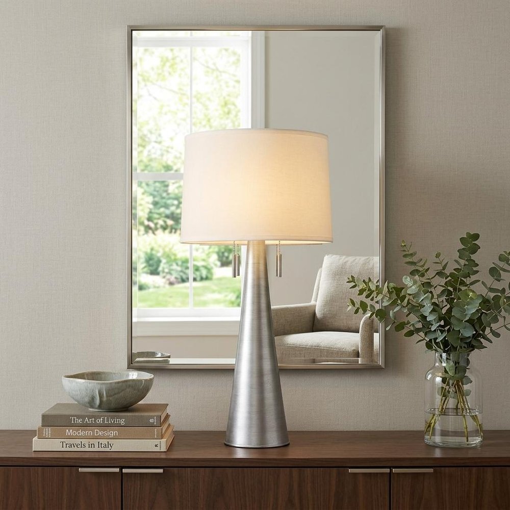 34" Silver Metal Two Light Table Lamp With White Empire Shade