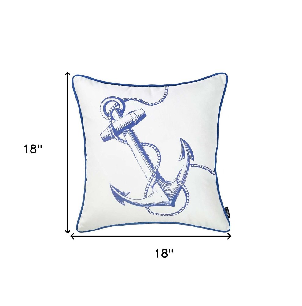 18" Blue And White Anchor Nautical Fabric Throw Pillow