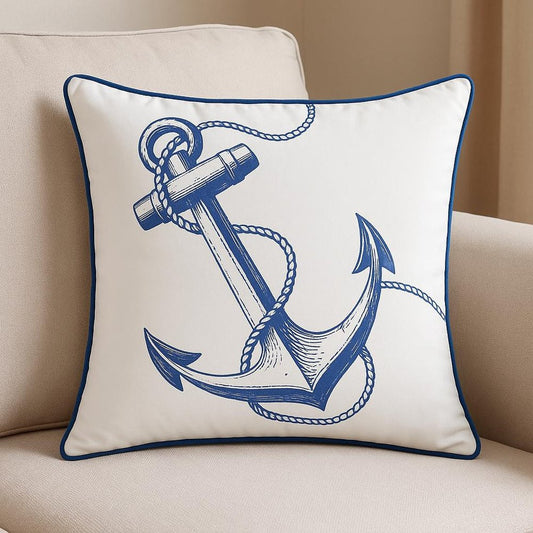 18" Blue And White Anchor Nautical Fabric Throw Pillow