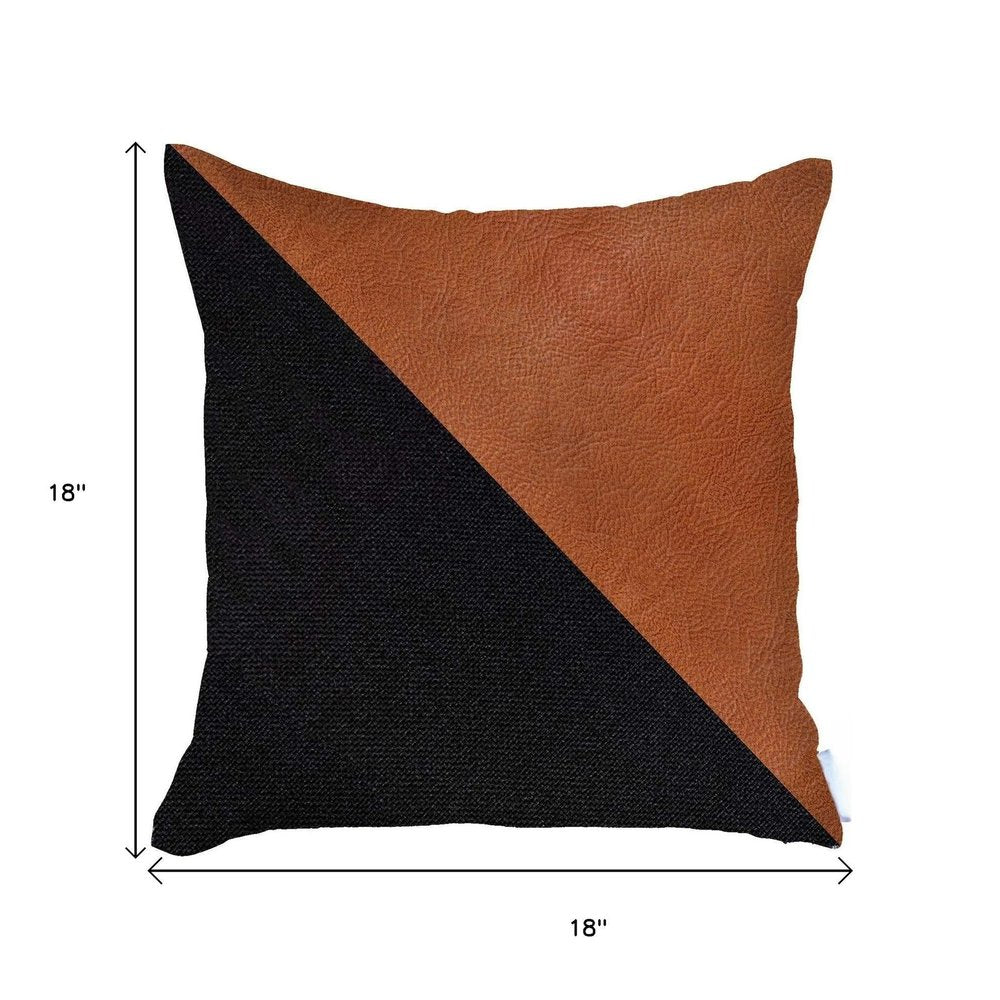 18" Black And Brown Faux Leather And Fabric Throw Pillow
