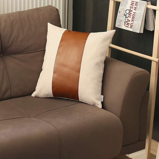 18" Brown And White Color Block Faux Leather Throw Pillow