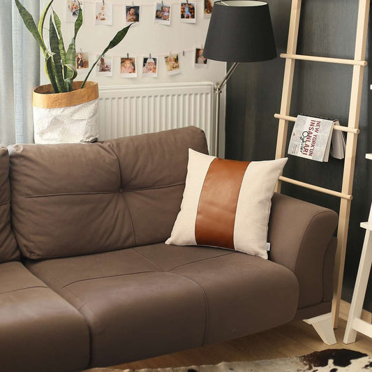 18" Brown And White Color Block Faux Leather Throw Pillow