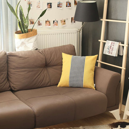 18" Yellow Black And White Houndstooth Throw Pillow