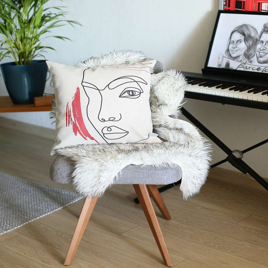 18" Ivory Black And Red Abstract Face Fabric Throw Pillow