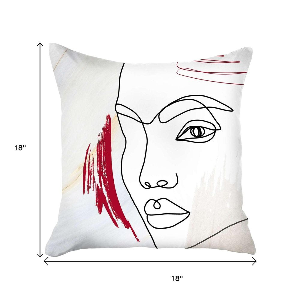 18" Ivory Black And Red Abstract Face Fabric Throw Pillow