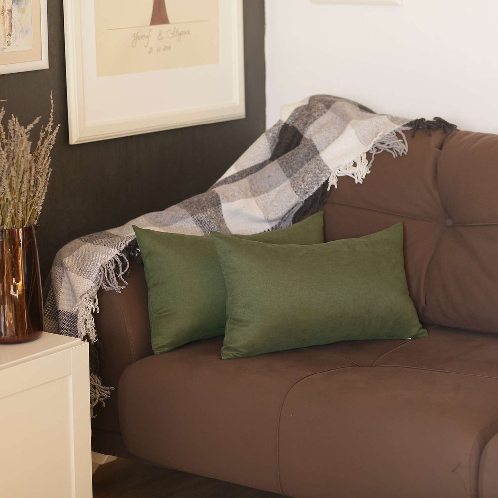 Set of Two 12" X 20" Green Fabric Lumbar Throw Pillows