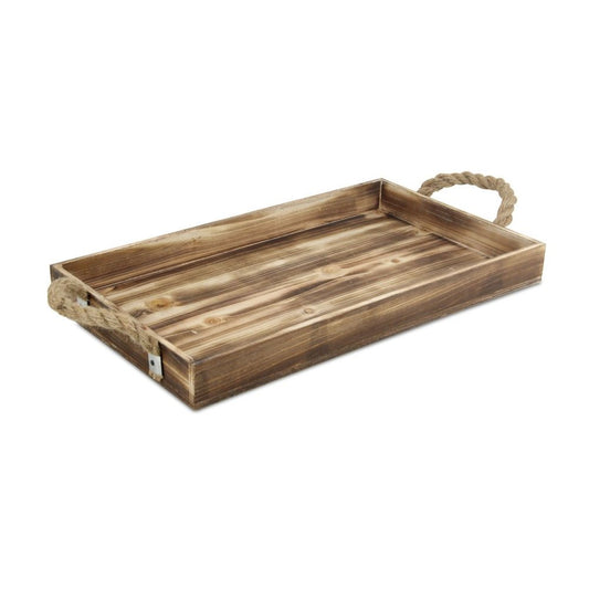 20" Brown Distressed Wood Handmade Serving Tray With Rope Handles