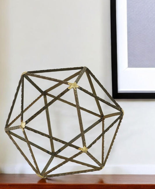 8" Brown and Gold Metal Hand Painted Geometric Orb Tabletop Sculpture