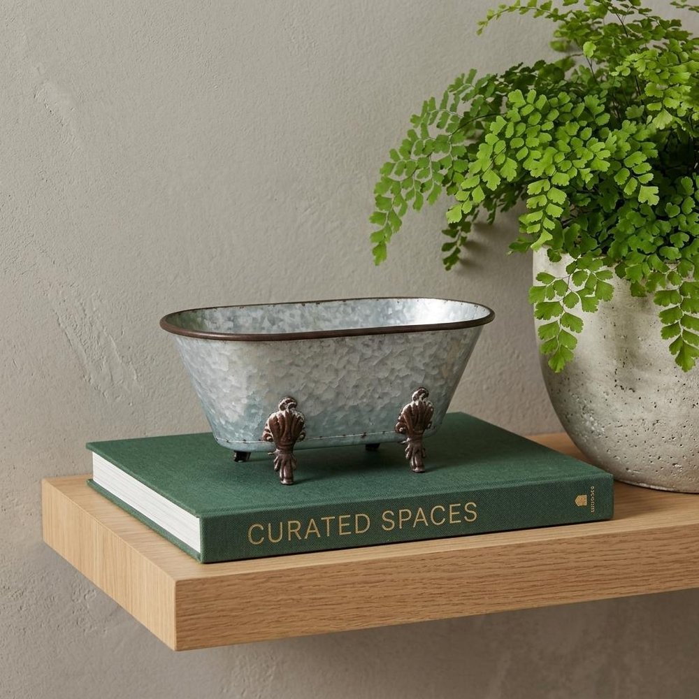 5" Gray Metal Hand Painted Decorative Tub Tabletop Sculpture