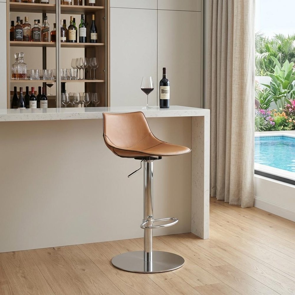 Terra Cotta And Silver Faux Leather And Steel Low Back Bar Height Swivel Bar Chair
