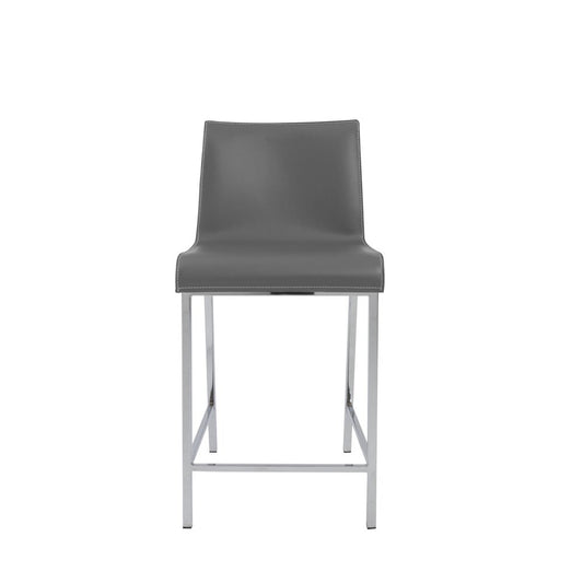Set of Two 24" Gray And Silver Genuine Leather And Steel Low Back Counter Height Bar Chairs
