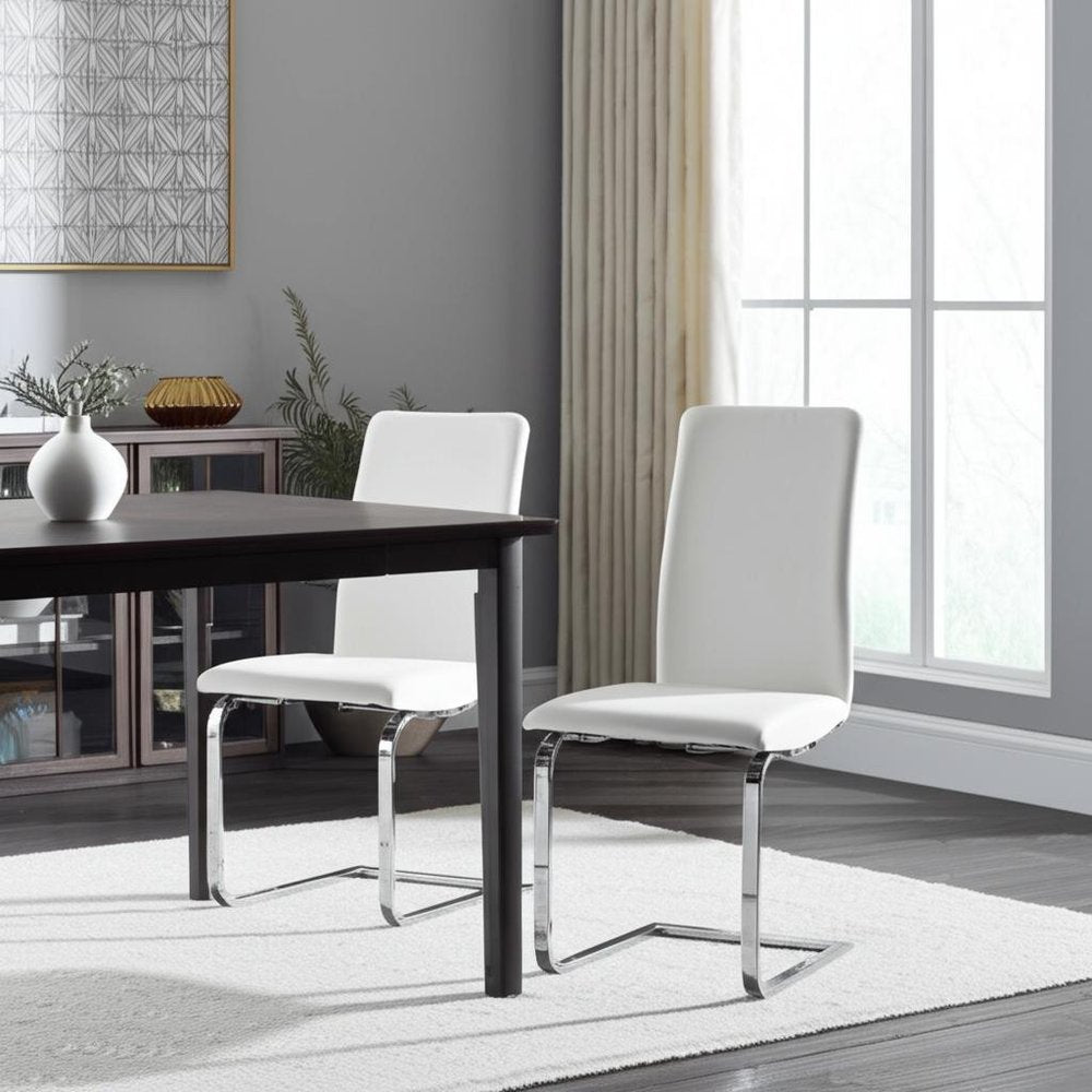 Set of Two White and Silver Upholstered Leather Dining Side Chairs
