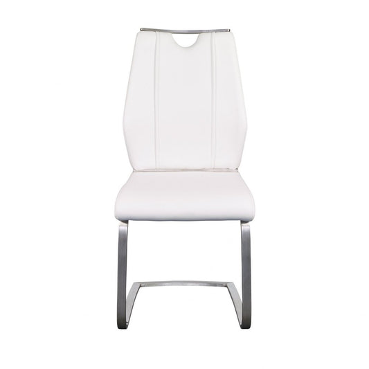 Set of Two White and Silver Upholstered Leather Dining Side Chairs