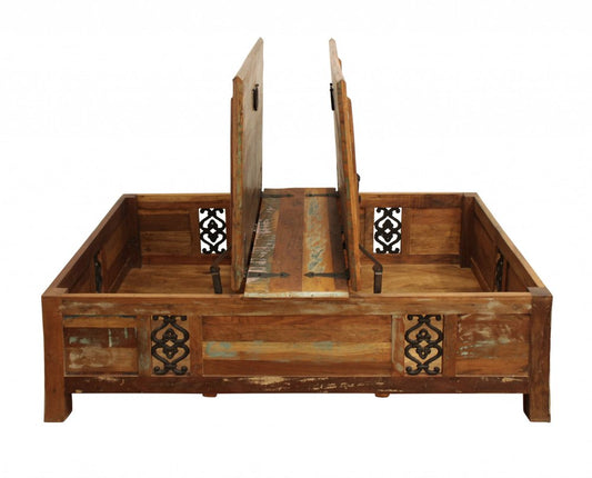 60" Green and Brown Solid Wood Distressed Lift Top Solid Coffee Table