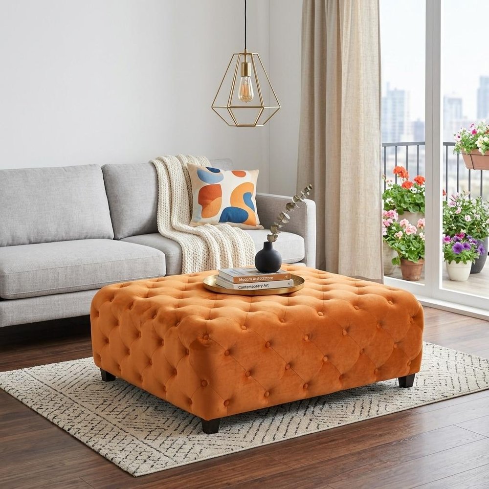 40" Orange and Brown Fabric and Solid Wood Square Coffee Table