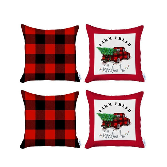 Set of Four Red Black and White Farm Fresh Christmas Tree Holiday Red Truck Plaid Fabric Throw Pillows