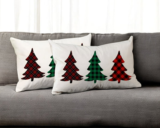 Set of 2 Christmas Tree Trio Plaid Lumbar Throw Pillows