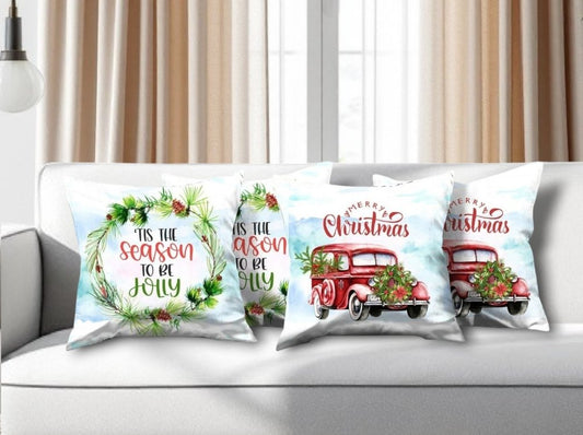 Set of Four Green Red and White Merry Christmas Tis the Season Christmas Wreath Fabric Throw Pillows