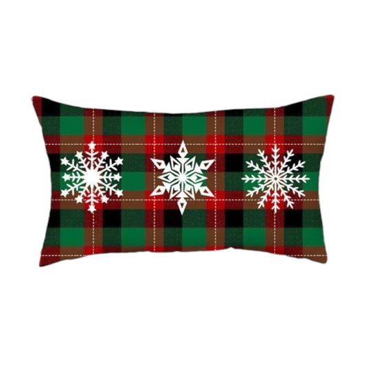 Set of Four White Red and Green Christmas Trees Plaid Fabric Lumbar Throw Pillows