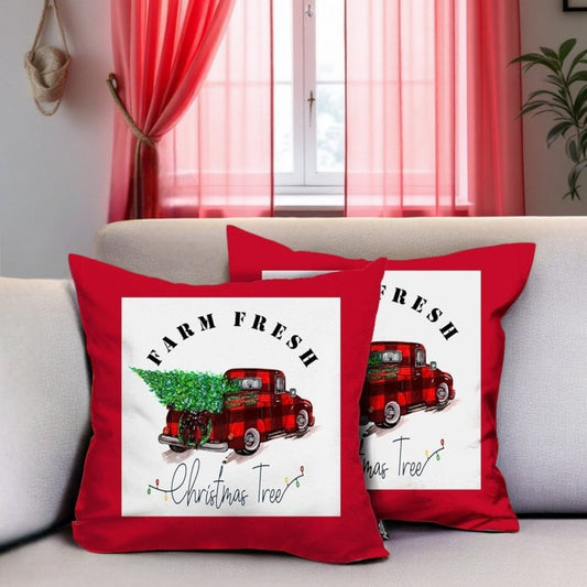 Set of Two 18" Red and White Farm Fresh Christmas Tree Holiday Red Truck Fabric Throw Pillow Covers