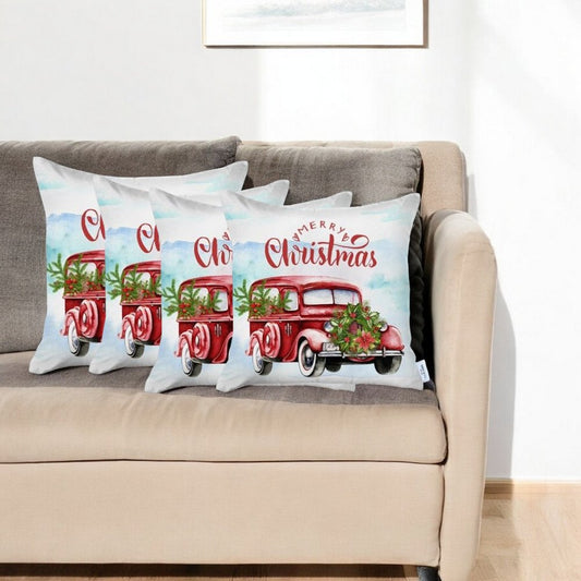 Set of 4 Merry Christmas Vintage Red Car Thow Pillow Covers