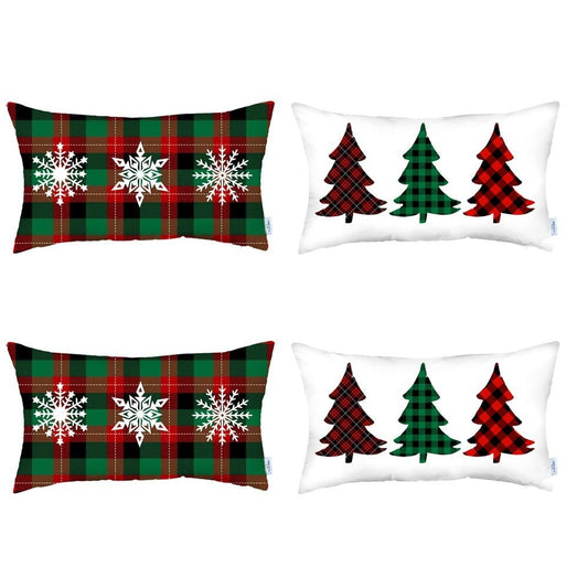 Set of Four Green Red And Black Christmas Christmas Trees Fabric Lumbar Throw Pillow Covers