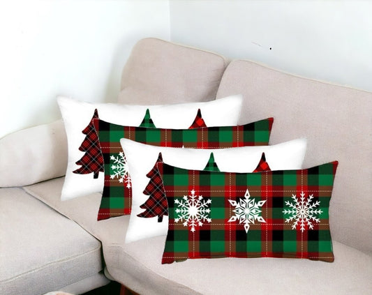 Set of Four Green Red And Black Christmas Christmas Trees Fabric Lumbar Throw Pillow Covers