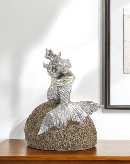10" Brown and Silver Contemplative Mermaid Resin Tabletop Sculpture