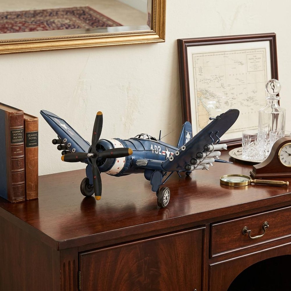 6" Blue Metal Hand Painted Model Airplane Tabletop Sculpture